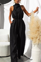 Elyssa High Neck Cutout Elastic Waist Pocketed Wide Leg Jumpsuit